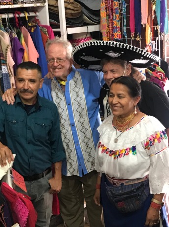 Efrain Gonzalez, Horace Whittlesey, John Bohnel and Etelvina Pillajo, owner of Chaski's in Centro. Etelvina helped me pick out the blouse for Rose.